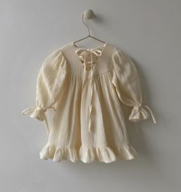 European And American Spring And Autumn Girls Cotton And Linen Lace-up British Temperament Dress (Option: Beige White-110cm)